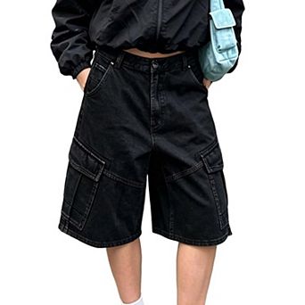 Cargo Jean Shorts Baggy Button Soild Knee Length Low Waist Wide Leg Denim Shorts with Pocket