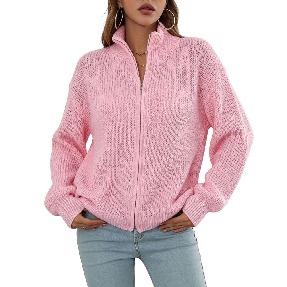 KOJOOIN Women's High Collar Full‑Zip Knit Sweatshirt Loose Long‑Sleeve ...