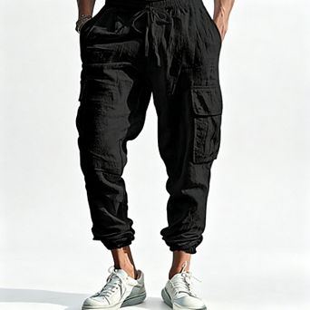 Men's Plus Size Cargo Pants Relaxed Fit Drawstring Waist Linen Blend Utility Trousers