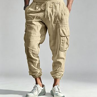 Men's Plus Size Cargo Pants Relaxed Fit Drawstring Waist Linen Blend Utility Trousers