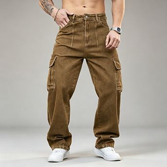 Men's Casual Relaxed Straight-Leg Cargo Jeans with Multi Pockets