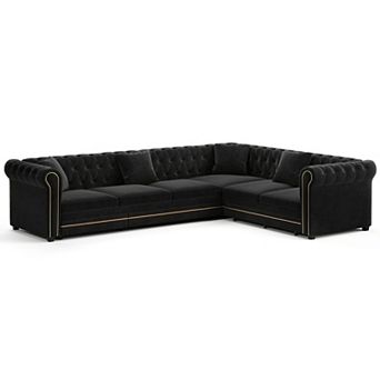 Whisen 115.3" Velvet L-Shaped Convertible Sleeper Sectional with Pull-Out Bed & Gold Trim