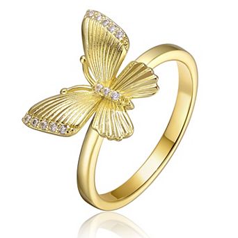 14K Gold Plated Butterfly Ring with Clear Cubic Zirconia Accents