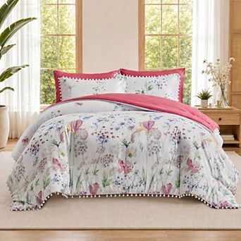 Pom Pom Trim 7 pc Bedding Set Soft All Season Cozy Bedroom Comfort