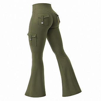 Women High Stretch Flare Workout Leggings With Hidden Pockets No Camel Toe