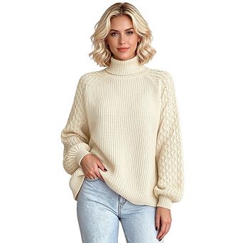 Women's Casual Cable Knit Turtleneck Long Sleeve Pullover Sweater