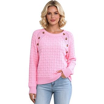Women's Long Sleeve Knitted Pullover Sweater with 3D Bow and Button Detail