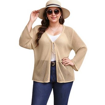 Plus Size Women Knit Cardigan Front Tie Lightweight Cover‑Up