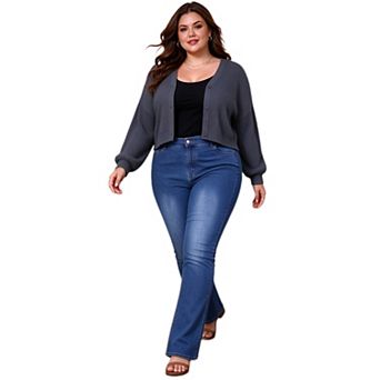 Women Plus Size Cropped Knit Cardigan Balloon Sleeve Sweater