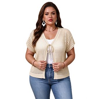 Plus Size Women Knit Cardigan Front Tie Hollow Out Cover Up