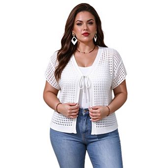Plus Size Women Knit Cardigan Front Tie Hollow Out Cover Up