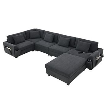 Whisen 6 Seat U Shaped Sectional Sofa Set with Ottoman, Hidden Armrest Storage & USB Charging Ports