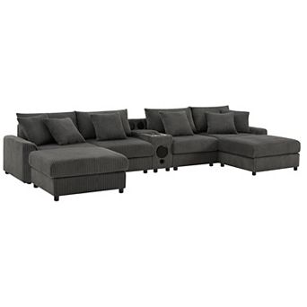 Whisen 6 Seat Corduroy Sectional Sofa Set with Ottoman, Bluetooth Speakers, Charging Ports