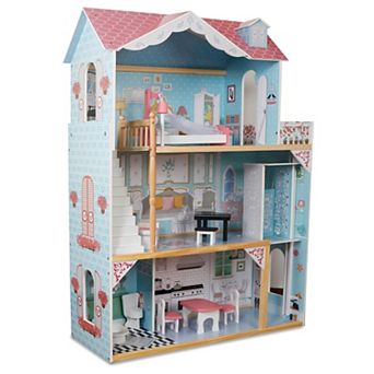 Lil' Jumbl X-Large Wooden Dollhouse, 3 Story Doll House Set w/Elevator, Stairs & Accessories - Blue