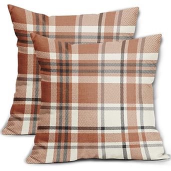 Fieldview 2 Pack Fall Plaid Throw Pillow Covers 18x18 Inch Burnt Orange Gray Cream Rustic Farmhouse