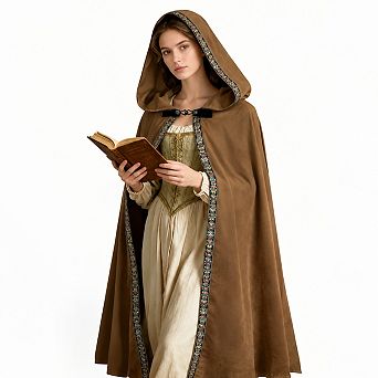 Gold Trim Faux Velvet Hooded Wizard Renaissance Cape Costume