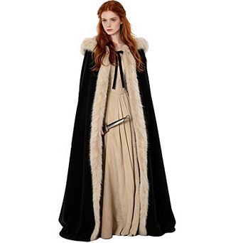 Velvet Faux Fur Trimmed Hooded Medieval Renaissance Cape for LARP Cosplay