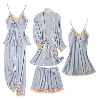 Womens 5 pc Satin Pajama Set Soft Loungewear Sleepwear