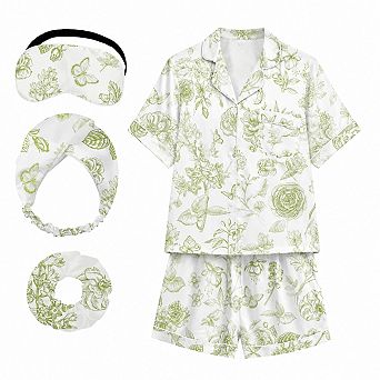 Women Satin Pajama Set Long Sleeve Print Button Down Sleepwear Loungewear