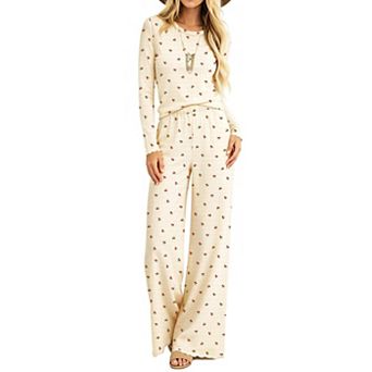 Womens 2 pc Long Sleeve Soft Lounge Pajama Set Wide Leg Relaxed Fit