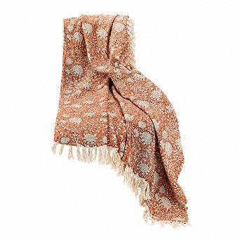 Handblock Printed Fringed Blanket Soft Cozy Floral Home Decor Washable