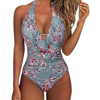 Women Halter V Neck Ruffle Tummy Control Bathing Suit Push Up Swimwear