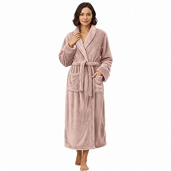 Women Ultra Soft Plush Fleece Long Bathrobe Shawl Collar With Waist Belt Pockets