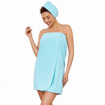 Women Quick Dry Terry Cloth Spa Bath Wrap With Detachable Hair Turban Adjustable Closure