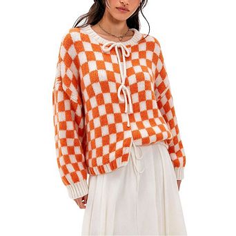 Women's Checkered Tie Front Cardigan Loose Fit 3/4 Sleeve Knit Sweater Jacket