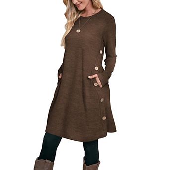 Womens Long Sleeve Crew Neck Tunic Dress With Side Pockets Flowy Winter Dress