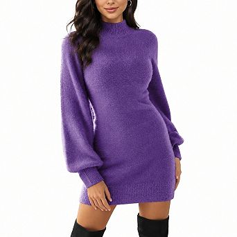 Women Mock Neck Long Puff Sleeve Bodycon Mini Sweater Dress