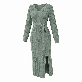 Womens Fall Long Sleeve V Neck Cable Knit Tie Waist Sweater Dress