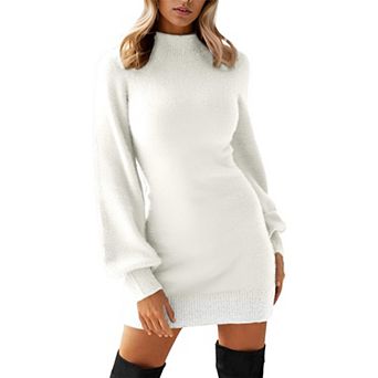 Womens Fall Winter Mock Neck Puff Sleeve Mini Sweater Dress