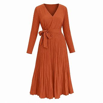 Women's Fall Long Sleeve Wrap Midi Dress V Neck Ribbed Knit Belted