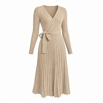 Women's Fall Long Sleeve Wrap Midi Dress V Neck Ribbed Knit Belted