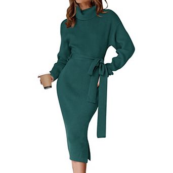 Women's Turtleneck Long Sleeve Ribbed Knit Bodycon Sweater Dress