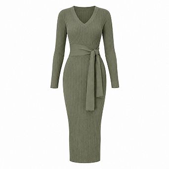 Women's Knit Midi Bodycon Dress Tie Waist Long Sleeve Slim Fit