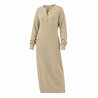 Women Fall Long Sleeve Waffle Knit Maxi Dress Button V Neck Regular Fit