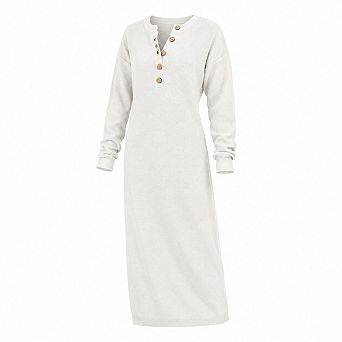 Women Fall Long Sleeve Waffle Knit Maxi Dress Button V Neck Regular Fit
