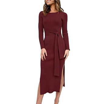 Womens Long Sleeve Ribbed Knit Midi Dress Waist Tie Side Slit Formal Casual Wear