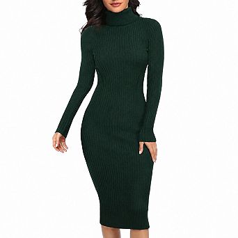 Women Turtleneck Knitted Long Sleeve Slim Fit Ribbed Midi Sweater Dress