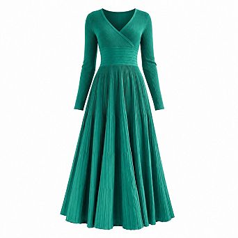 Womens Long Sleeve V Neck Pleated Knit Midi Dress Fit Flare