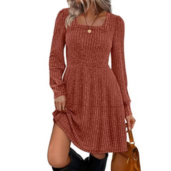 Womens Square Neck Long Sleeve Babydoll Dress Stretchy Casual Fall Dress