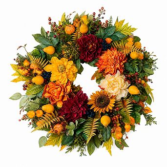 Harvest Fall Wreath Artificial Silk Peony Dahlia Pumpkin Sunflower Thanksgiving Decor