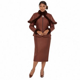 Donna Vinci Women's Faux Fur Trim Cape Jacket & Skirt Set