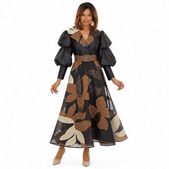 Donna Vinci Women's Floral Print Puff Sleeve Belted Maxi Dress