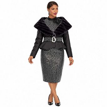 Donna Vinci Women's Faux Fur Collar Sequin Jacket, Cami & Skirt Set
