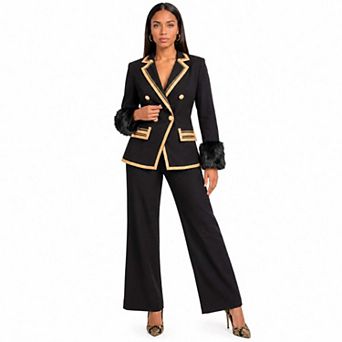 Donna Vinci Women's Gold Trim Faux Fur Cuff 3 pc Jacket, Cami & Pant Set