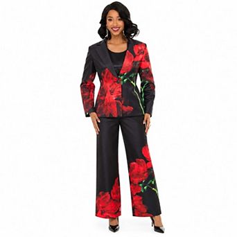 Donna Vinci Women's Floral Print Rhinestone Button 3 pc Pant Suit