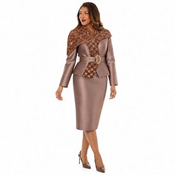 Donna Vinci Women's Sequin Velvet Trim Belted Jacket & Skirt Set